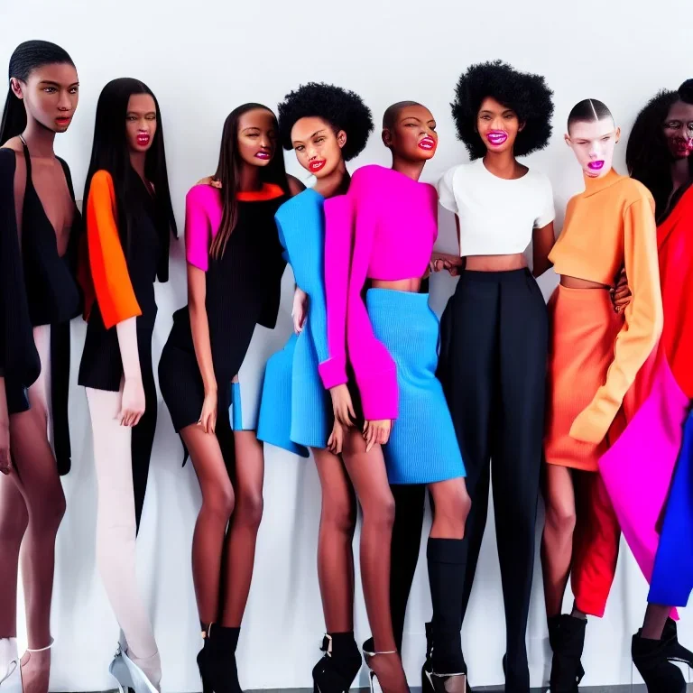 photo of a group of beautiful models wearing high fashion clothes posing and smiling, big smile, balenciaga, yeezy season, photorealistic photography, colourful, high contrast, in an office, dow jones, trading floor, fashion photography, high resolution, 8k, moody, hard light, gen z, wide angle lens