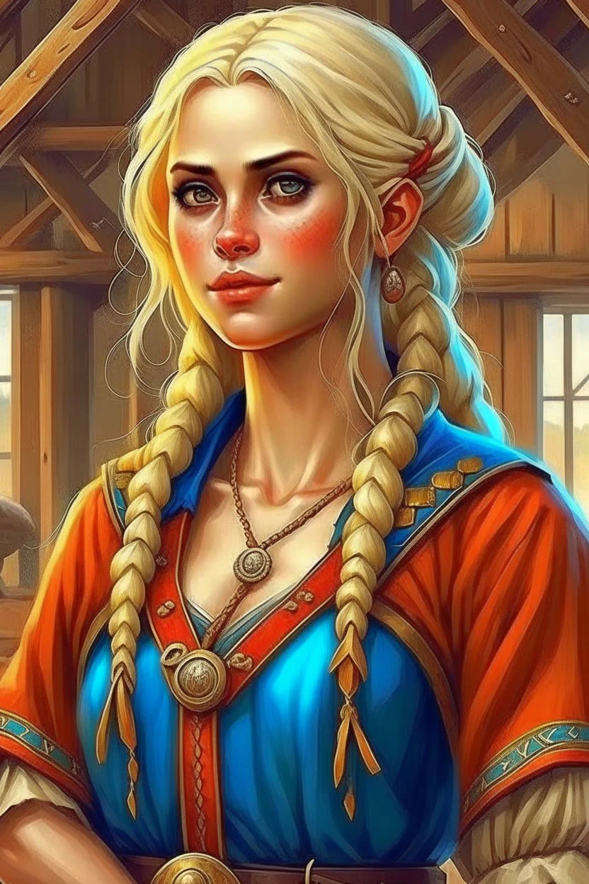 pretty girl, aged 25, blonde, conventionally attractive, bright clothes, medieval, viking, realism, adventurer, vampire