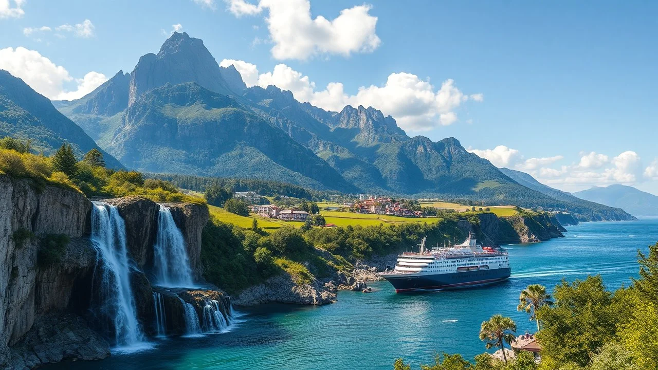 a picturesque natural landscape that includes majestic mountains and a serene countryside. Additionally, incorporate details about a stunning, large waterfall that enhances the beauty of the scene. The output should be structured as a narrative, painting a clear image with rich, descriptive language that evokes the sights and sounds of this beautiful environment water fall falls to a big sea with modern shipe in it.16 by 9