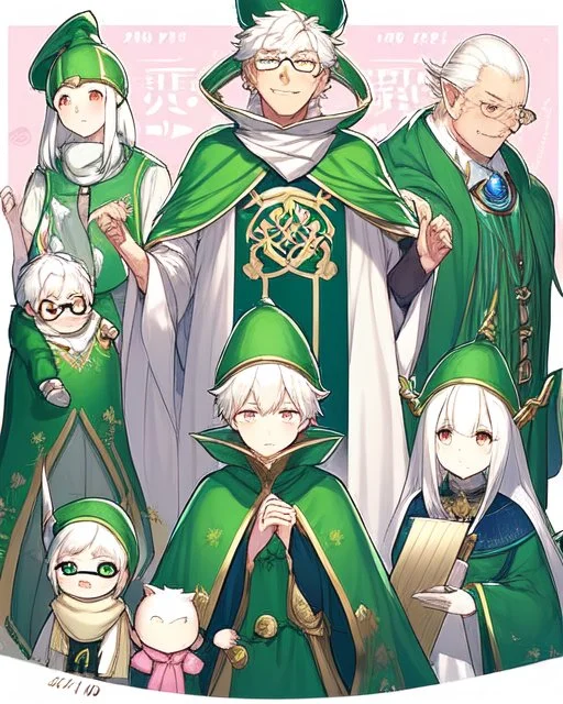 15 year old boy who is a little short, 1.60m tall, wears a long green wizard's outfit, wears a green hat with small horns on it, wears circular glasses, is quite cute, has white hair, wears a pink scarf, her eyes are green and are a bit effeminate