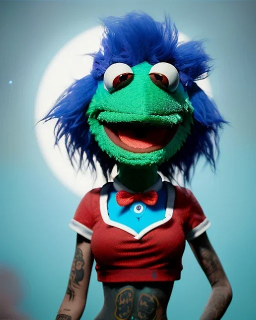 hybrid character, waitress sexy woman with monster muppet mask that covers her entire head, punk and blue, short shirt, tray, old school tattoo, retro style, Sesame Street style, hot, smooth, unreal engine 5, god lights, ray tracing, RTX, lumen lighting, ultra detail, volumetric lighting, 3d.