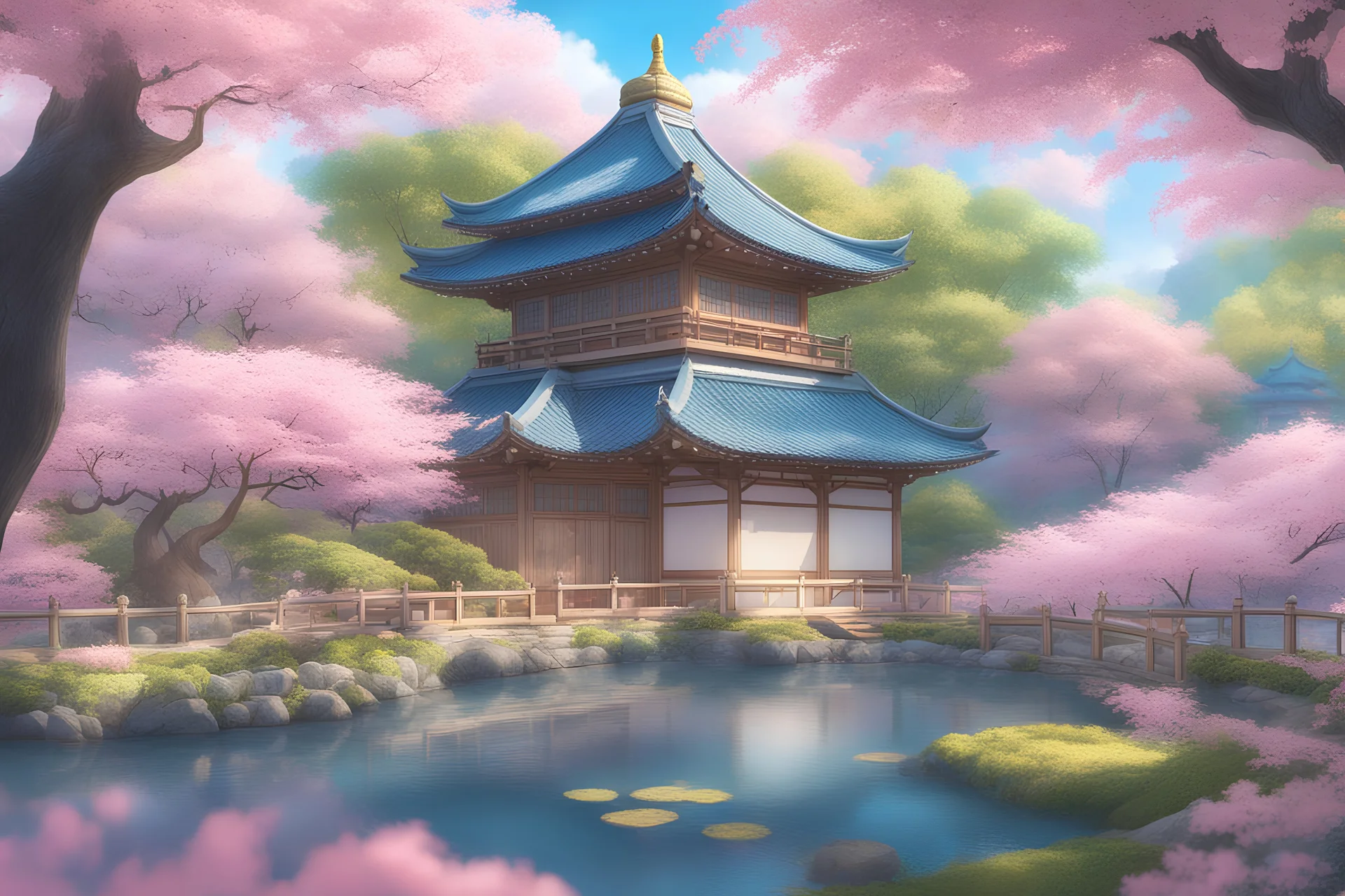 japonese garden and house, blue sky, fairy, flowers, trees, sunny day, pink, blue, yellow lights, 8K, extremely sharp details enlighten, soft smile, wonderful castle, majestic, art background, intricate, masterpiece, expert, insanely detailed, 4k resolution, intricate detail, soft smooth lighting, light pink blue colours, 8k, splash art, wallpaper, key visual