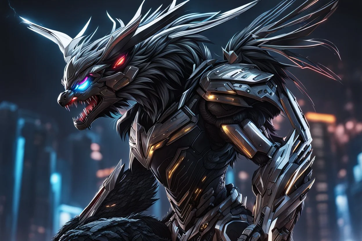 Cyber Machine symbiote in 8k anime realistic drawing style, volibear, thunder, neon effect, close picture, snow, black wings, apocalypse, intricate details, highly detailed, high details, detailed portrait, masterpiece,ultra detailed, ultra quality