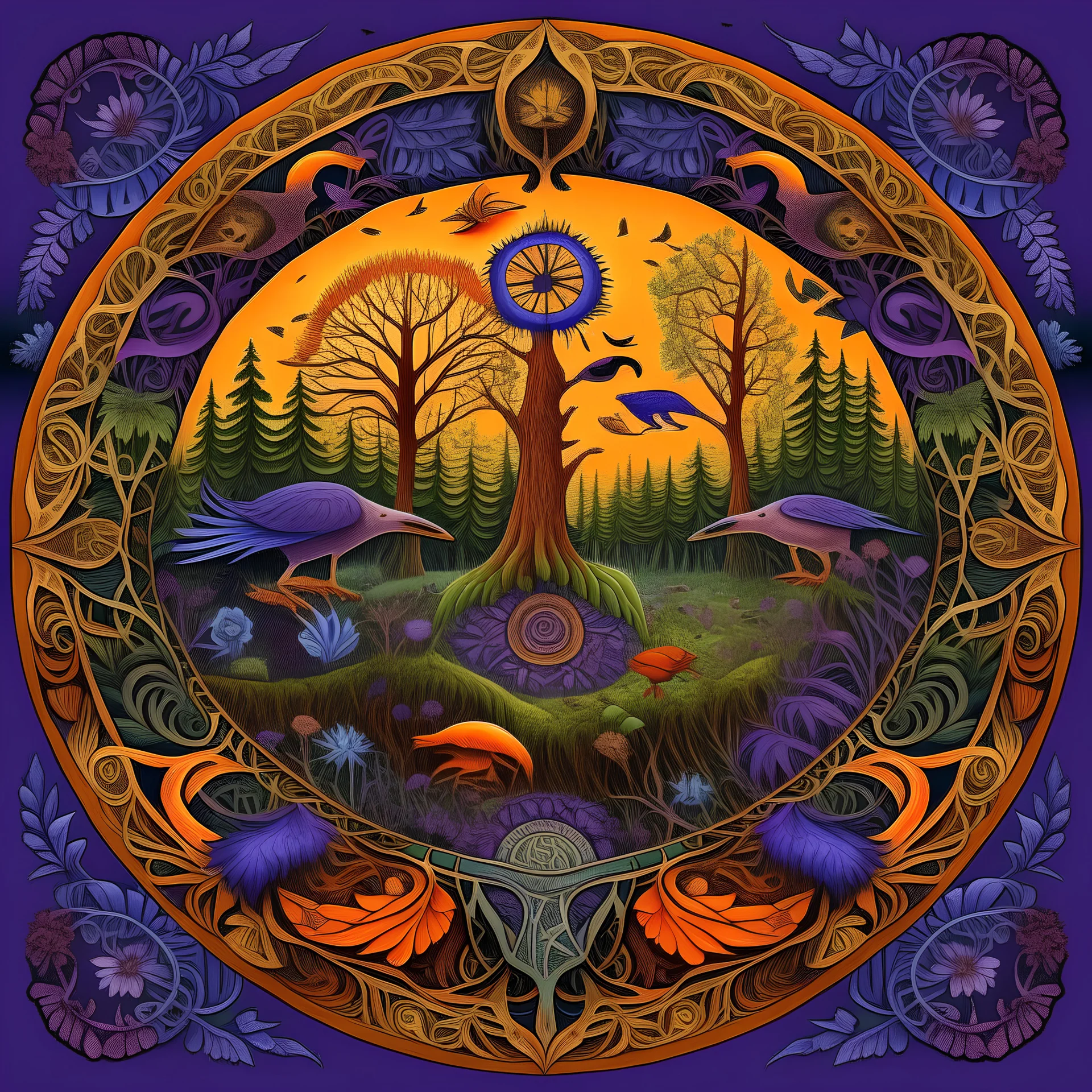 realistic photographic image of purple and orange mandala with forest, muschrooms, roots, trees, ferns, birds