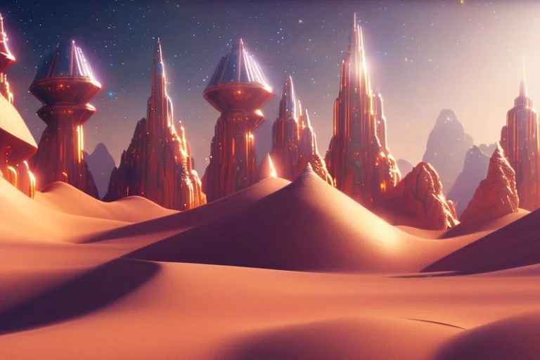 white and gold crystal cosmic and galactic ambiance cinema4d futuristic scifi desert, full of details, smooth, bright sunshine，soft light atmosphere, light effect，vaporwave colorful, concept art, smooth, extremely sharp detail, finely tuned detail, ultra high definition, 8 k, unreal engine 5, ultra sharp focus