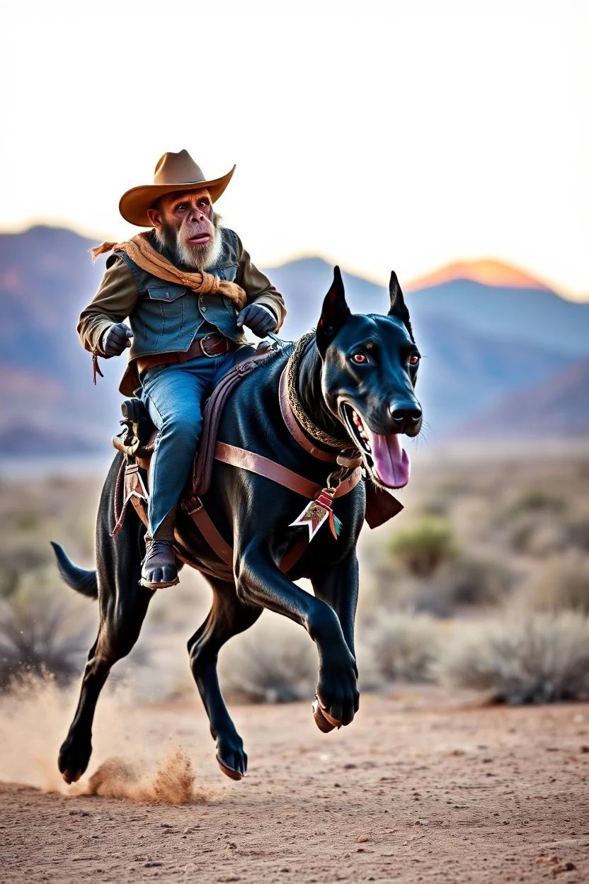 A monkey with cowboy custom riding on a Great Dane black dog running in the desert