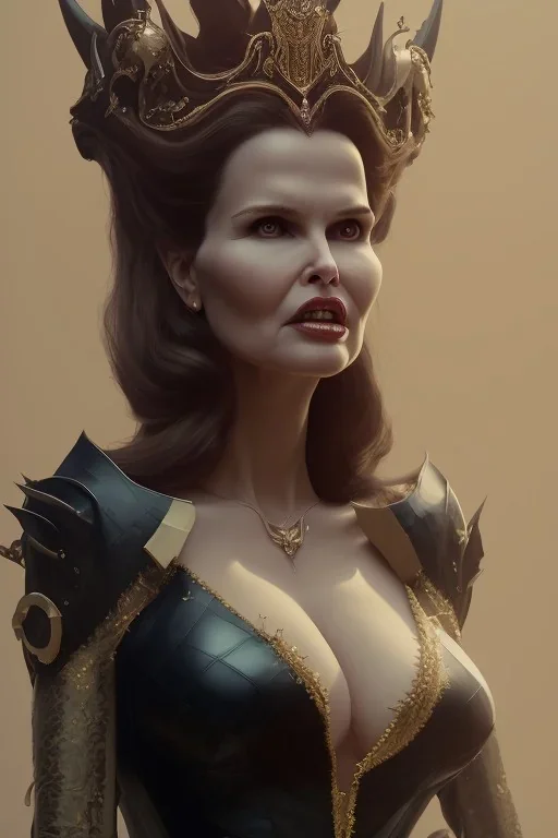 Geena Davis as evil queen in black leather gown, evil, busty, cleavage, curvy, angry, stern look. character design by cory loftis, fenghua zhong, ryohei hase, ismail inceoglu and ruan jia. unreal engine 5, artistic lighting, highly detailed, photorealistic, fantasy