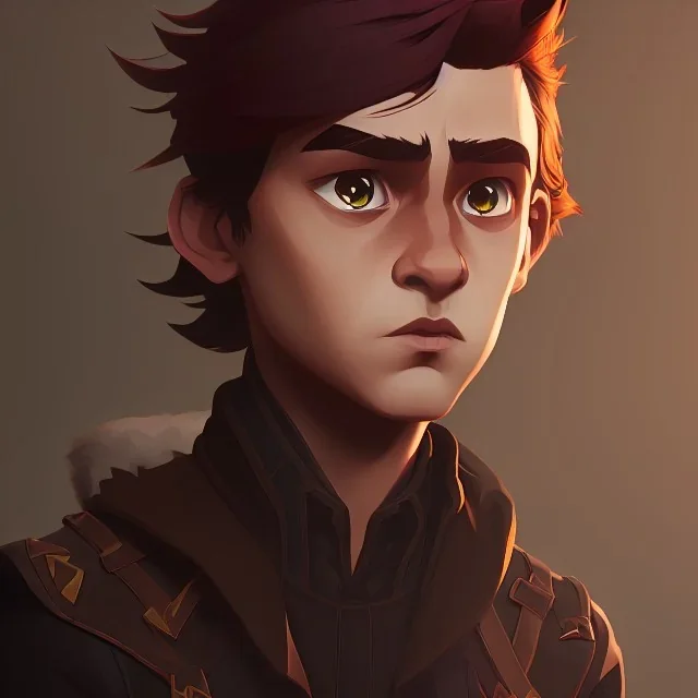 Portrait of a little handsome brown haired warlock kid with his elemental by Nick Harris