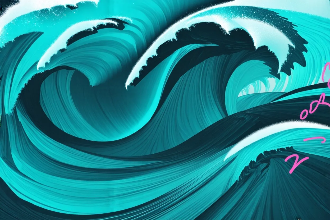 a background of surf waves with black linework, blue teal tones, surf culture, kawaii cute. + vector linework. swirling in bottom right. add pink and magenta graffiti lines over edges