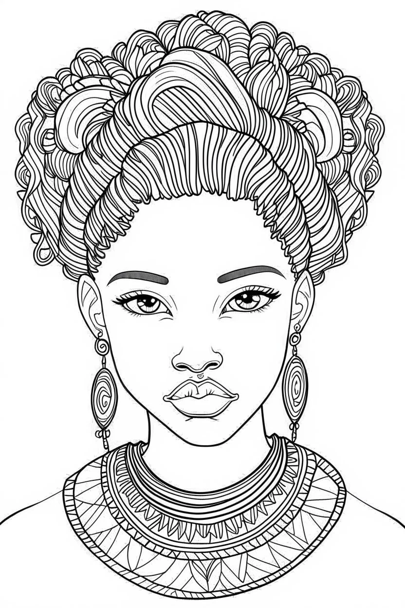 african girl face coloring page with beautiful hairstyle