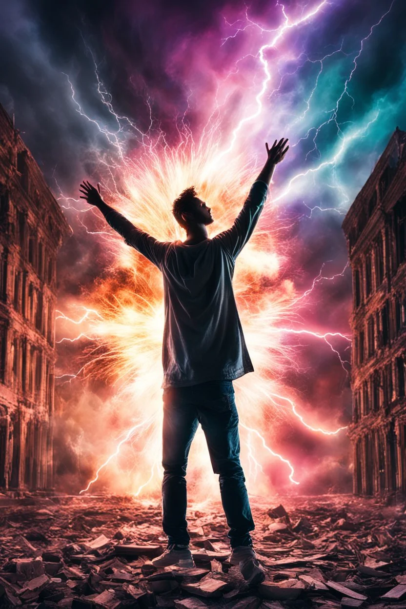 Young man standing, with arms raised with lightening coming from them, in front of an exploding building at night, with coloured auras around him