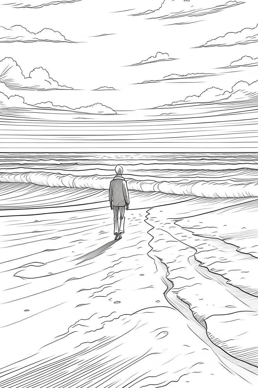 A solitary figure stands on an untouched, sandy beach, Footprints in the sand lead towards the horizon, symbolizing the freedom to explore and reflect in peaceful solitude.coloring book page, simple and clean line art, adult drawing book, black and white, crisp black lines, no shades, sharp lines, coloring book for adults, cartoon style, landscape