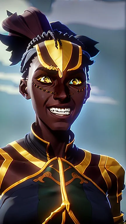 A woman has dark skin, yellow eyes and black dreadlocks. Her face has a slying smile, showing her superiority in the eyes of others. She is dressed in a steel armor with a few pieces of yellow and green fabric sticking out.