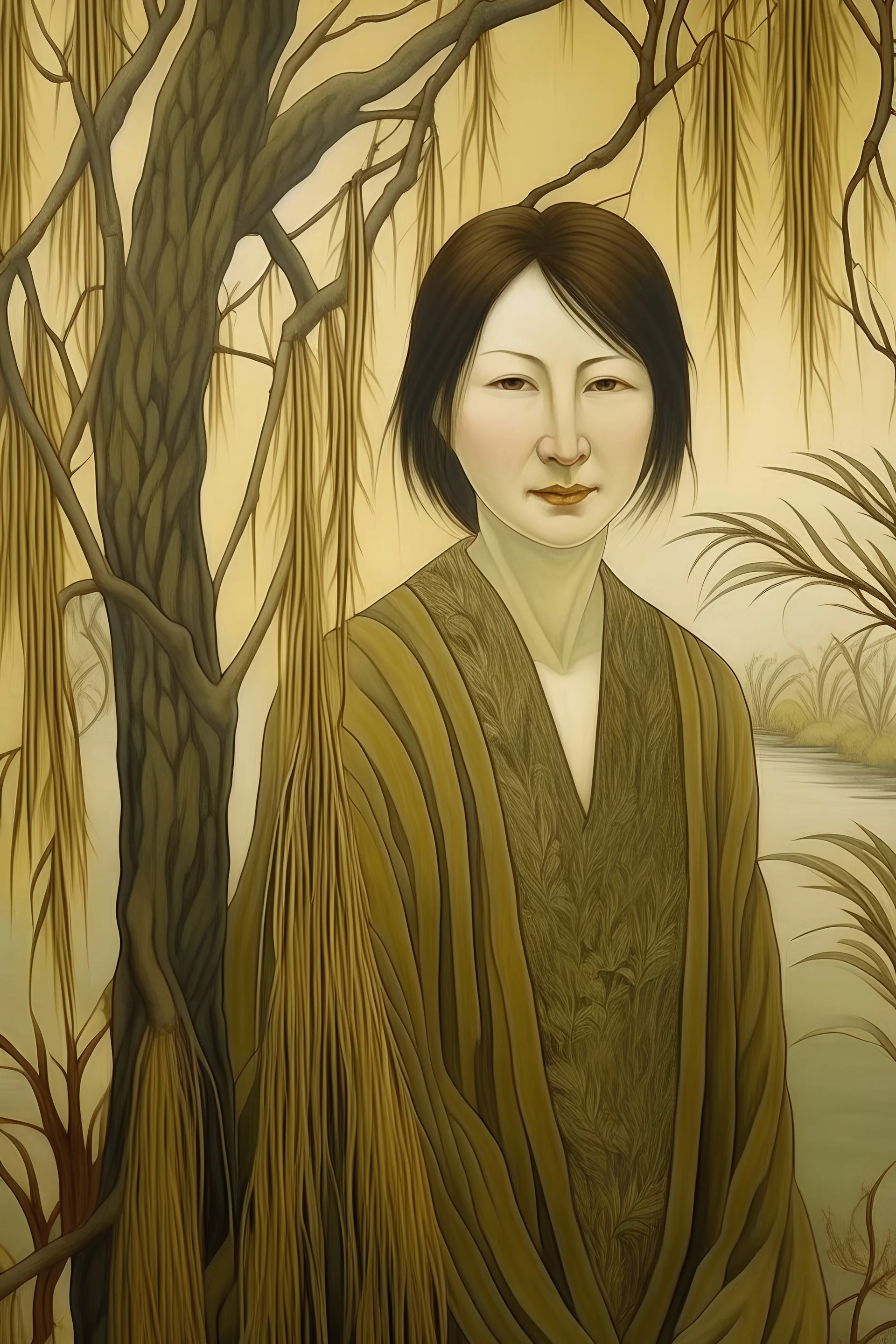 ,portrait of a woman standing,willow branches,,looking at viewer,song,willow tree in background, 中国彩色水粉画,微笑,美丽,可爱,4k