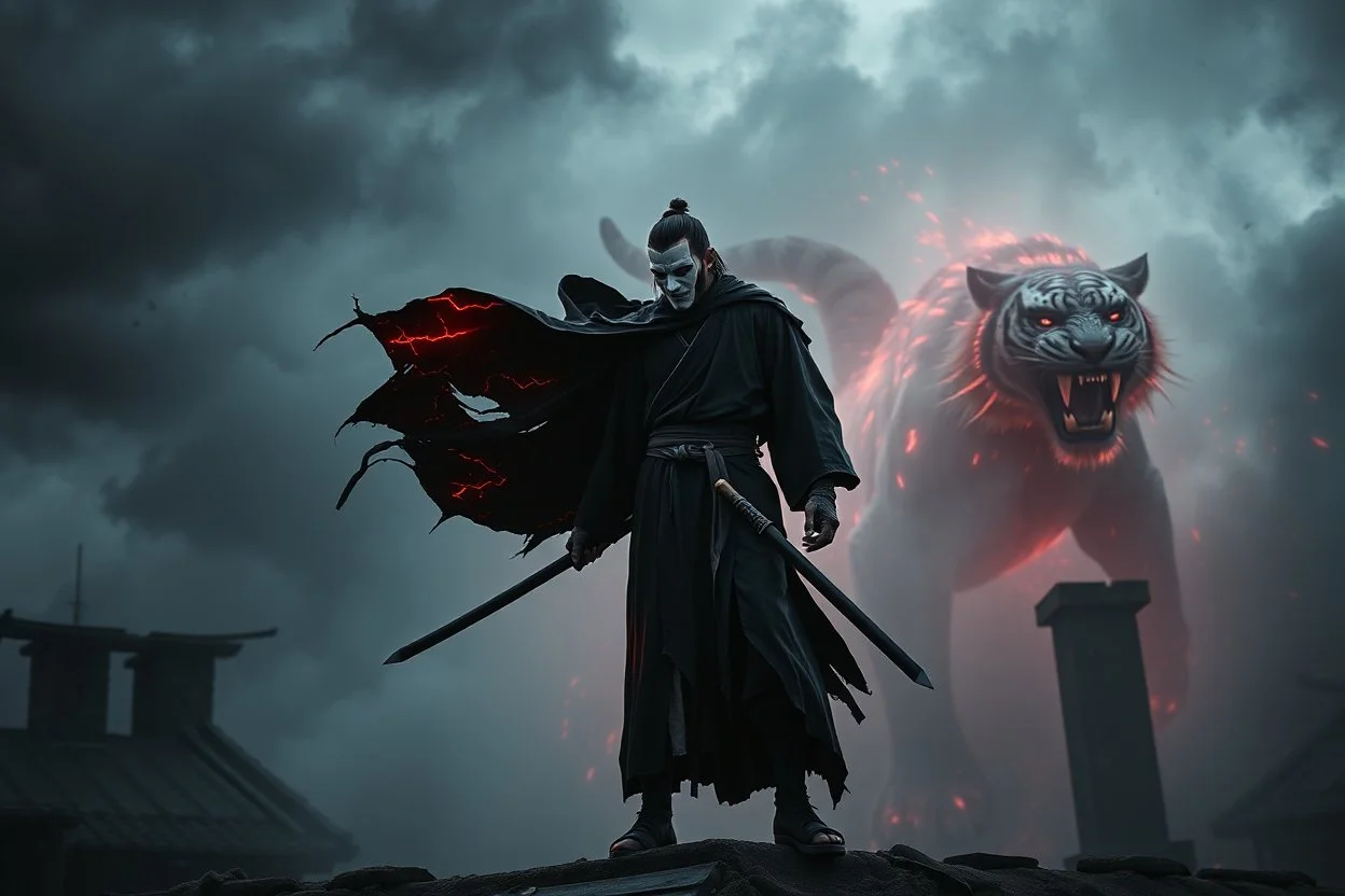 A cinematic fantasy warrior standing on an old rooftop under a stormy, smoke-filled sky. He wears a black samurai-style robe with a white sash and holds a long black katana glowing faintly with red energy. In his other hand, he carries a mysterious white mask with red markings. His torn black cloak flows dramatically in the wind, glowing with fiery red cracks and embers. Behind him, a massive ghostly tiger spirit emerges from the mist, roaring with power. The scene is dark and moody, illuminated