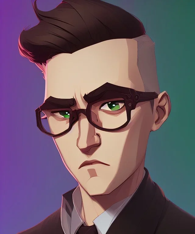 Fit man in round glasses, wavy hair, stubble,no beard, slim, tie, monotone, green eyes, comic book style, two tone colours, detailed, ink, realistic, handsome, square jaw, big brows, no jacket, bird on the shoulder, spotlight