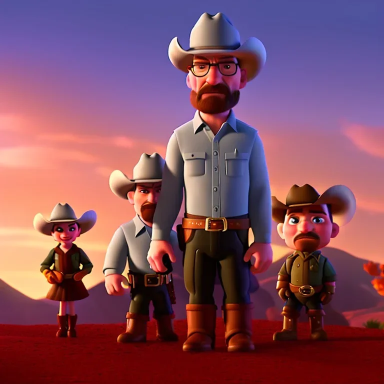 Walter White army and his family with a cowboy fight, 8k, realistic body, with a fedora, sunset background,