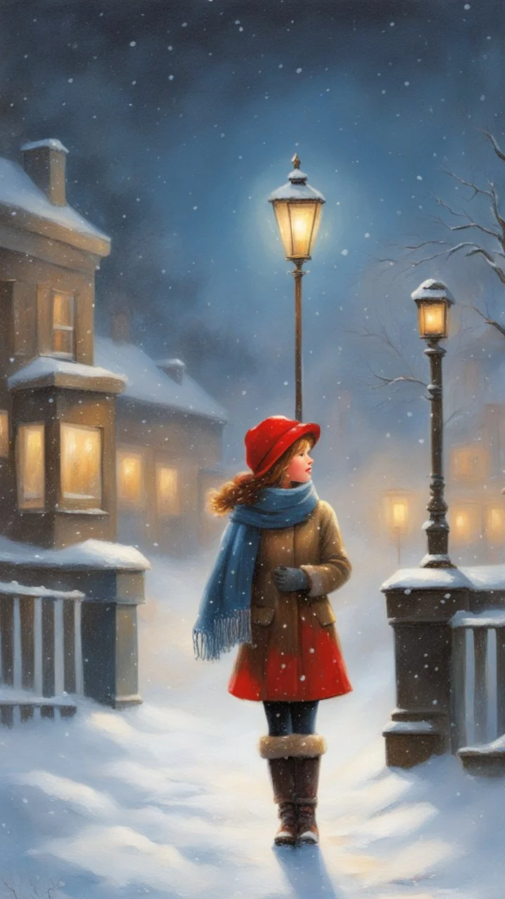 Painting of a cute girl in a red hat and scarf, snowfall in the background, bright night, by Thomas Kinkade