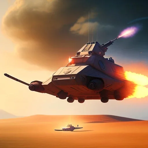 octane render volumetric desert environment, Ralph McQuarrie style painting of an armored hovercraft with cannon, floating in the air, highly detailed, minutiae, nimbus, stormy