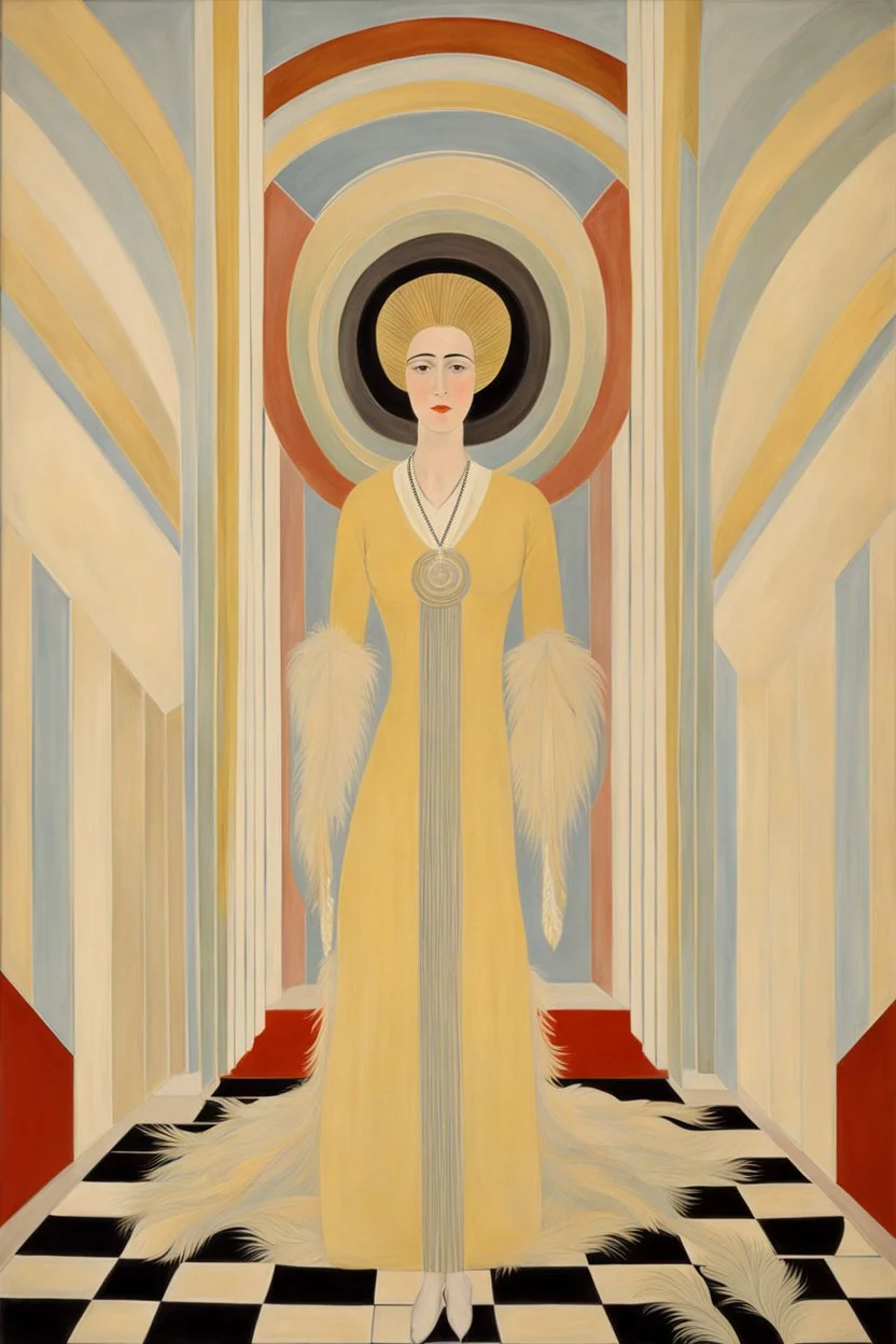 a woman with feathers in an Art Deco foyer by artist "Erté",by artist "Hilma af Klint"