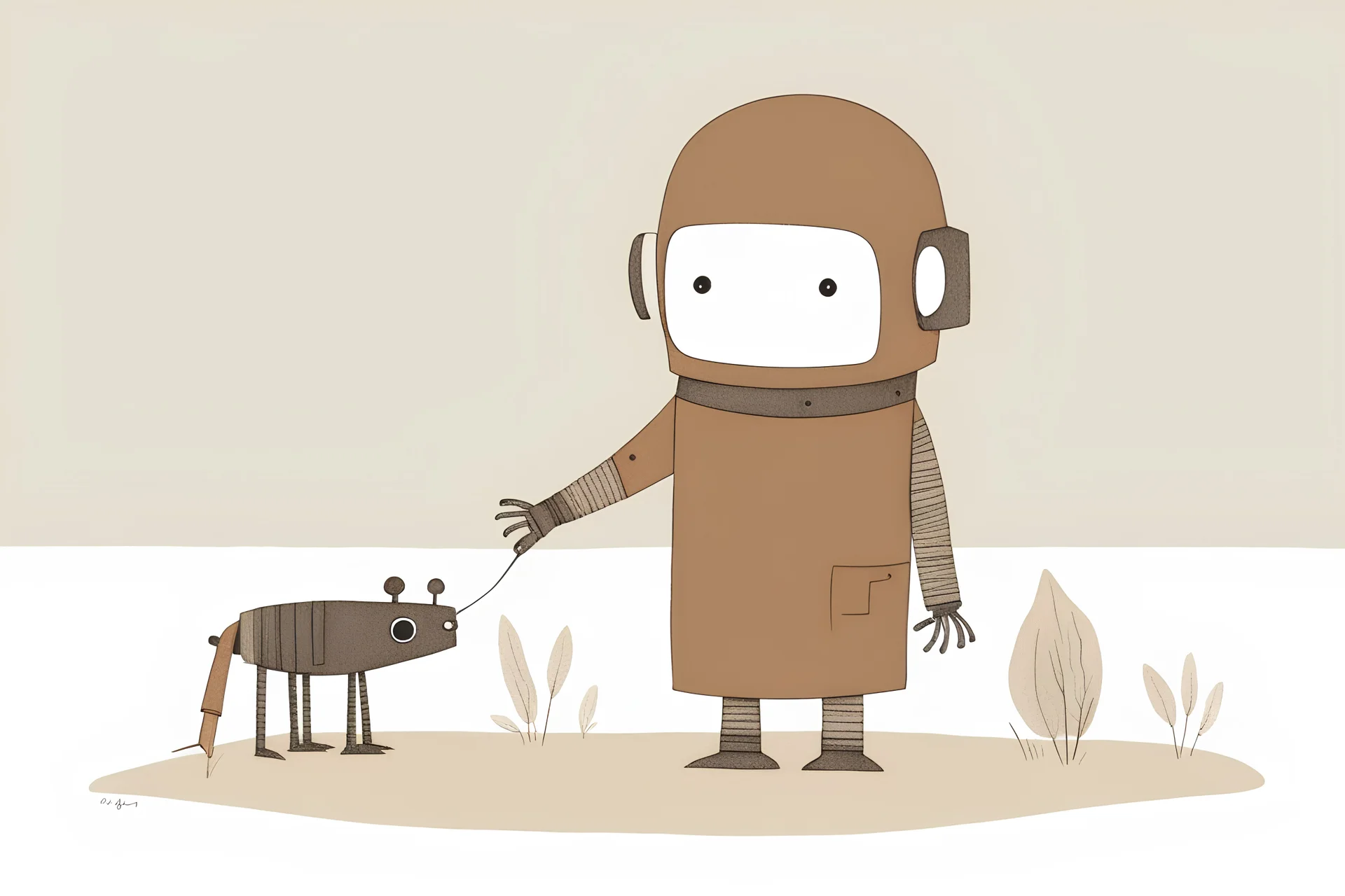 robot wearing a brown robe, jon klassen style