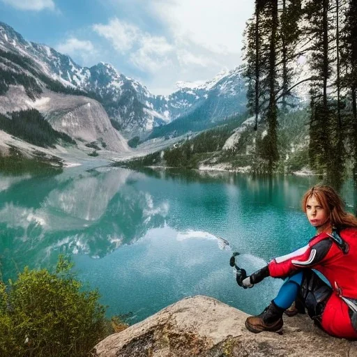 a sensual heroic female adventurer resting near a lake in the mountains