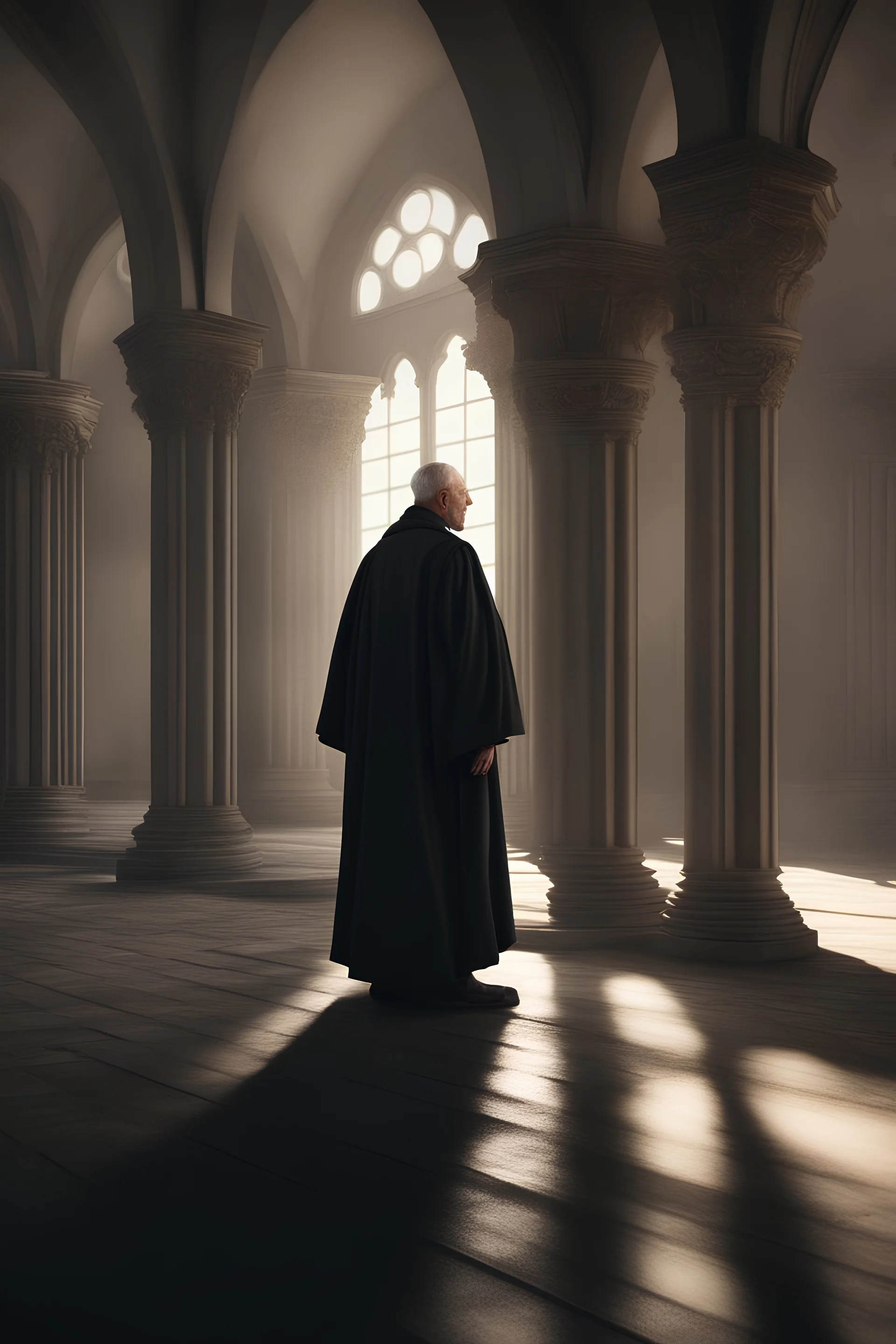 "Create a hyperrealistic 8K rendering of a priest in a black robe looking away into the distance. HDR 8k resolution