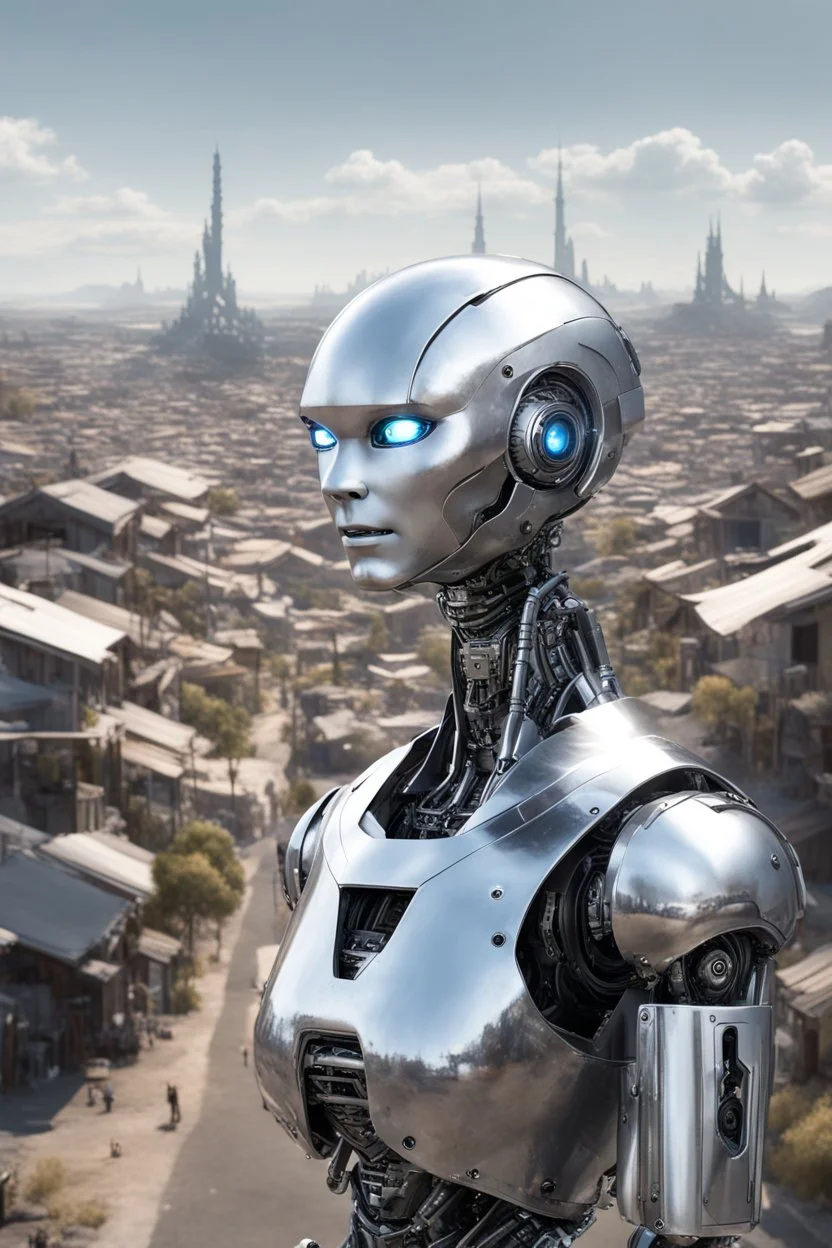 silver humanoid robot, with a human face, standing looking over a small alien town