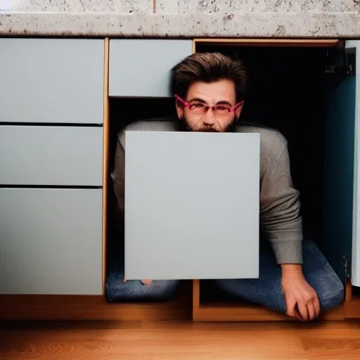 man hiding under cabinet