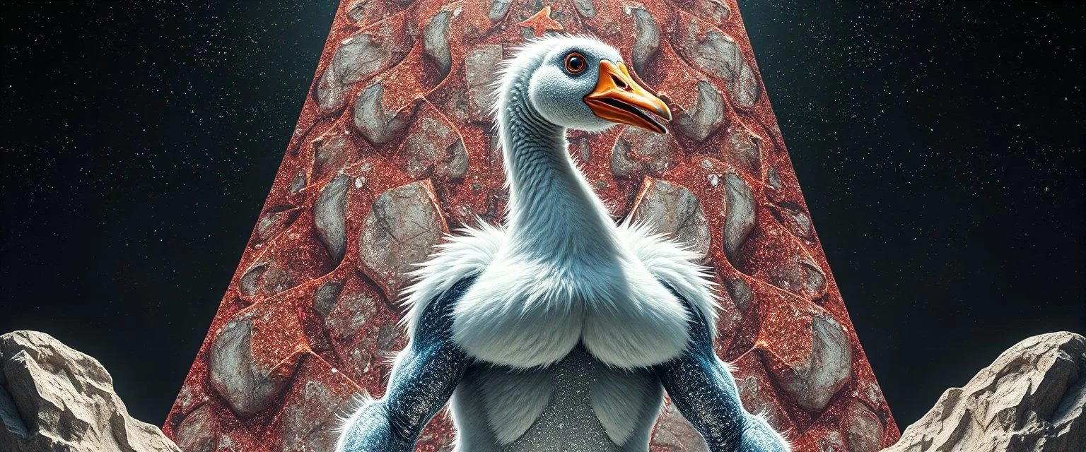 brilliant detailed full figure portrait disco glittery goose slug alien fluffy muscle man dino anime in the style of Escher and Giger in front of dented marble tower of glitter
