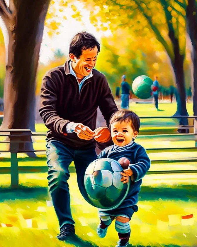 Papá alegre con su bebe jugando pelota en el parque felíz cuerpo completo colores contrastantes obra de arte arte impresionista impactante detallado ojos marrones pelo negro hiperrealista 8k coherente