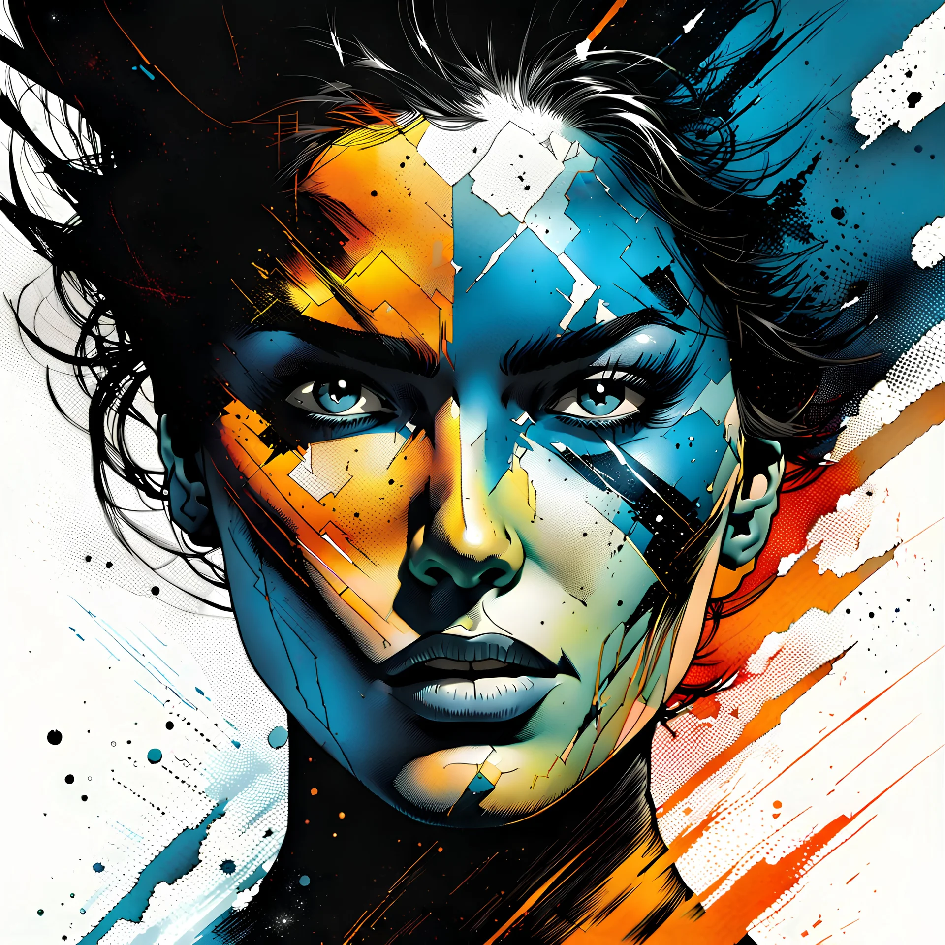 create an abstract portrait illustration of a female face in the process of severe explosive disintegration with highly detailed and deeply cut facial features, in the comic art style of FRANK MILLER and BILL SIENKIEWICZ, searing lines and forceful strokes, precisely drawn, boldly inked, with gritty textures, vibrant colors, dramatic otherworldly lighting