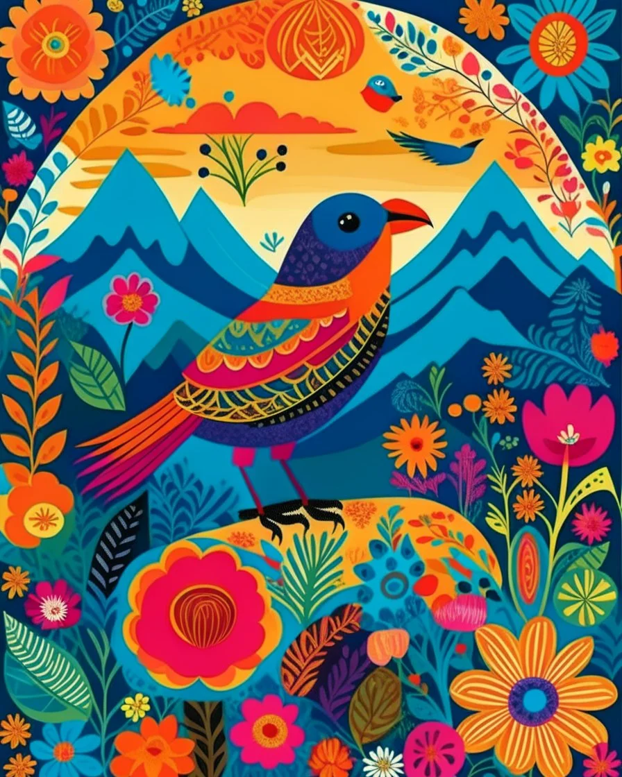 A Birds and Flowers, Kids can have fun the different patterns and designs on the body. Design with a bird standing in a grassy meadow with mountains. in the background." with bright and happy colors. and whimsical decorations. in vibrant hues