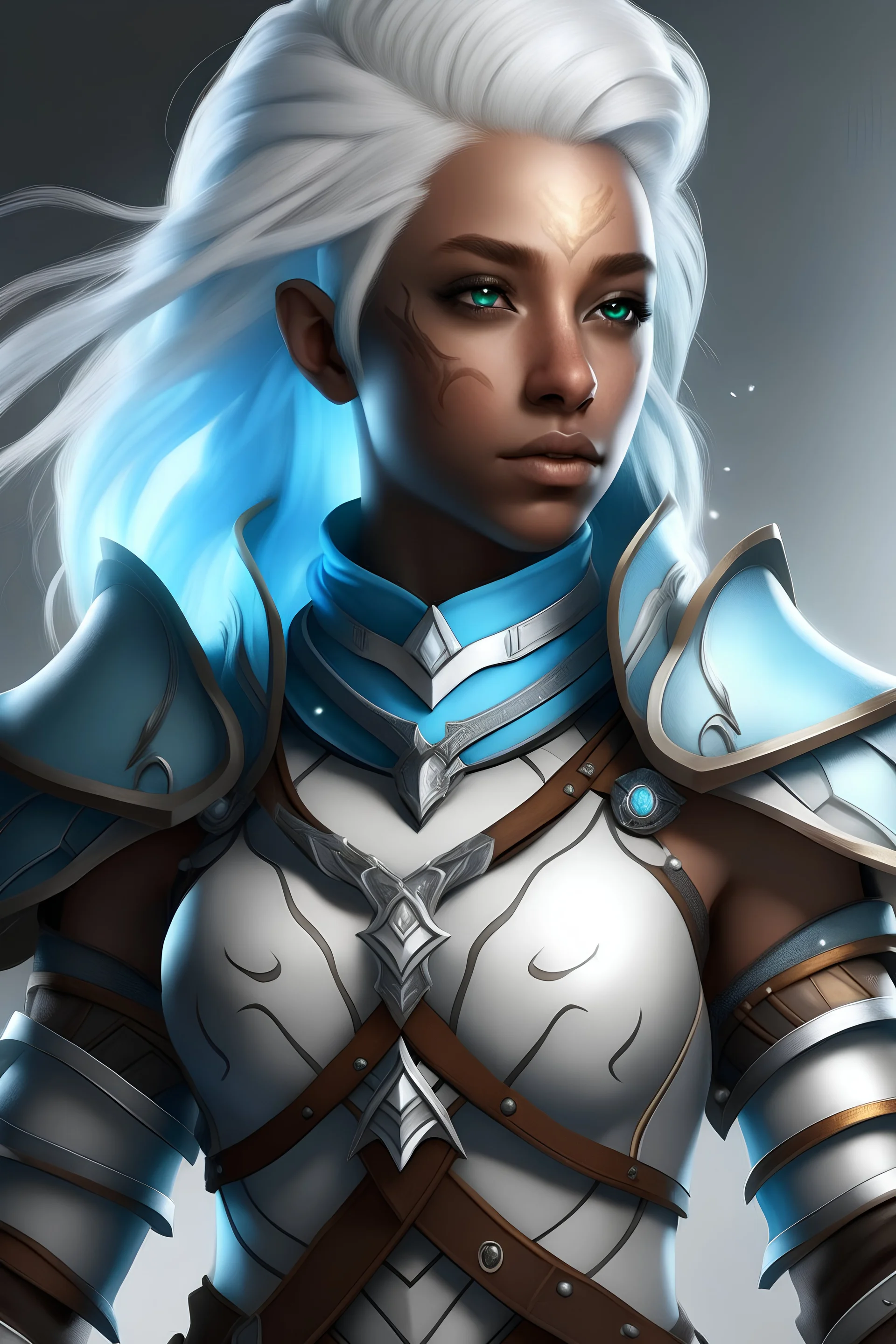 female air genasi from dungeons and dragons, white blue hair, wind like hair, ice blue eyes, cool brown skin, chain mail and hot leather clothing, cleric, realistic, digital art, high resolution, strong lighting, light background