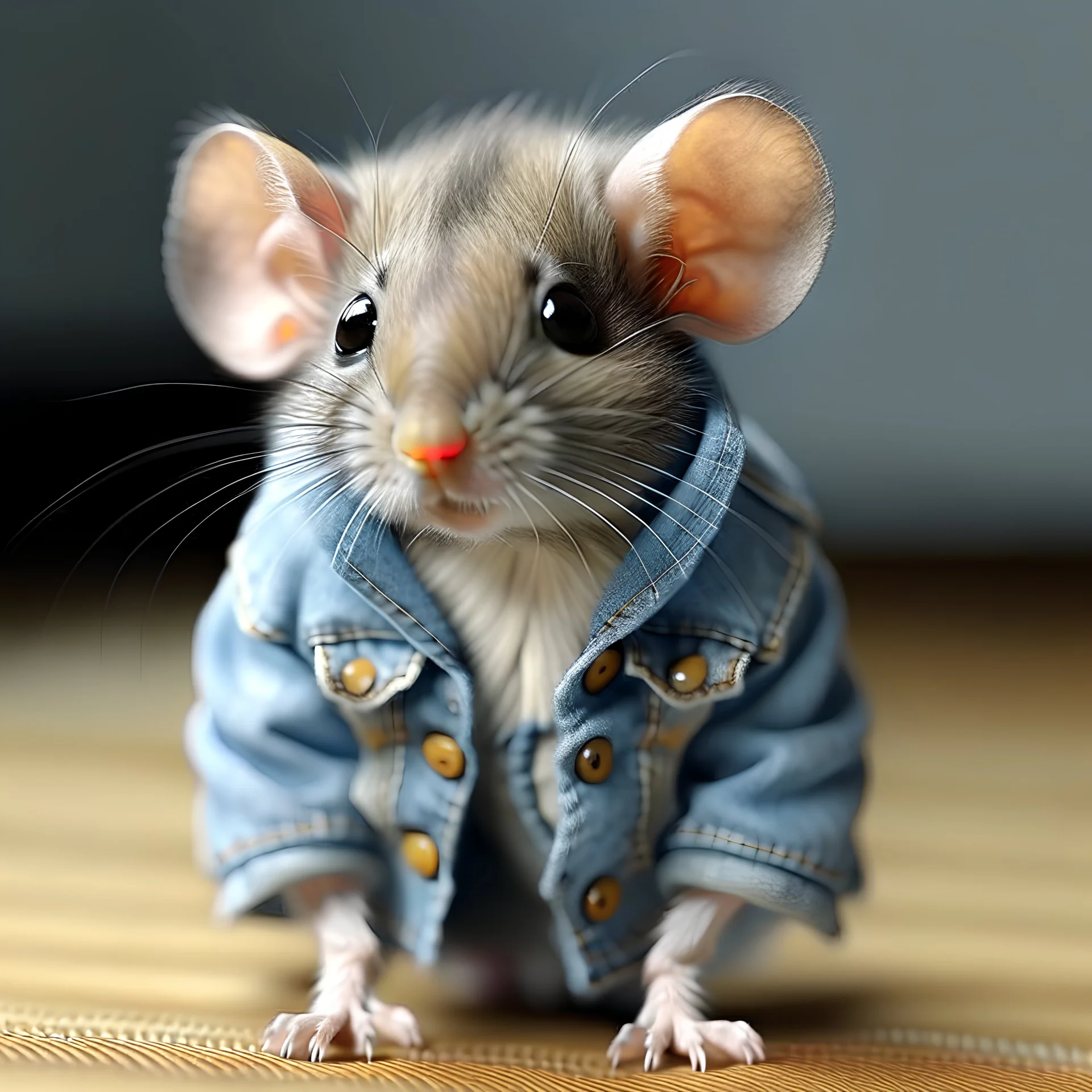 A mouse wearing a jean jacket