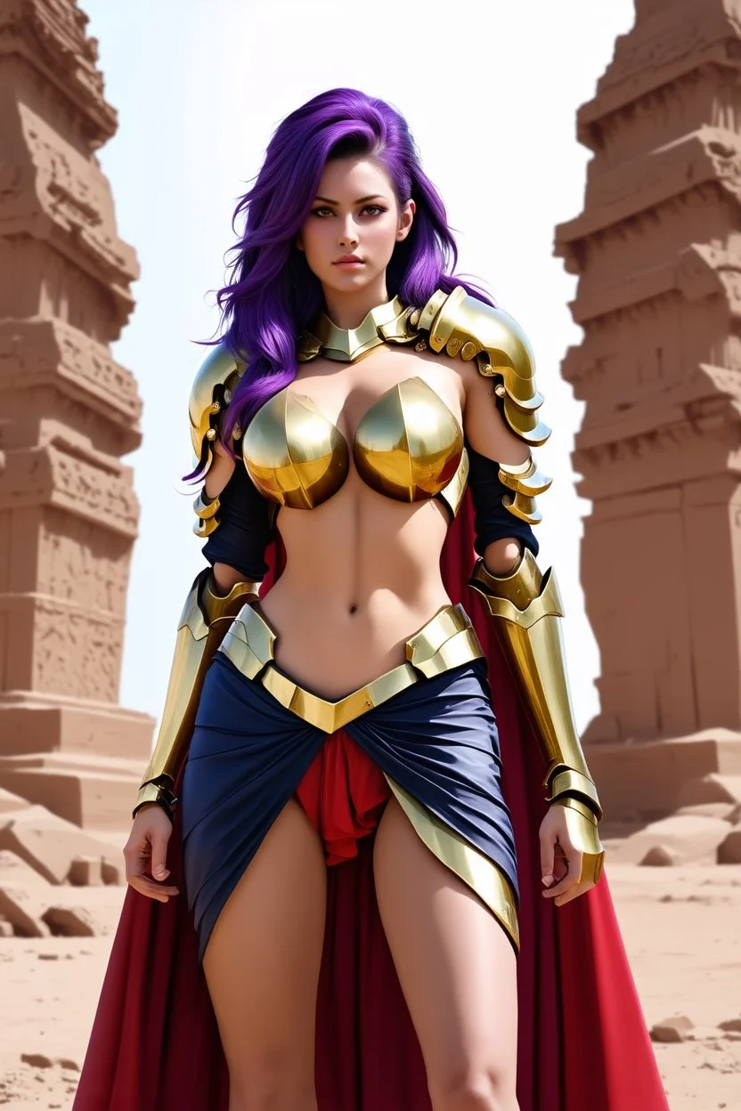 super beaty woman, good body, a lot big bubs, nice body, purple long haired, model style, milf, dress a small golden armour, asiatic, cape, rude mode, stay on ansient temple ruins.