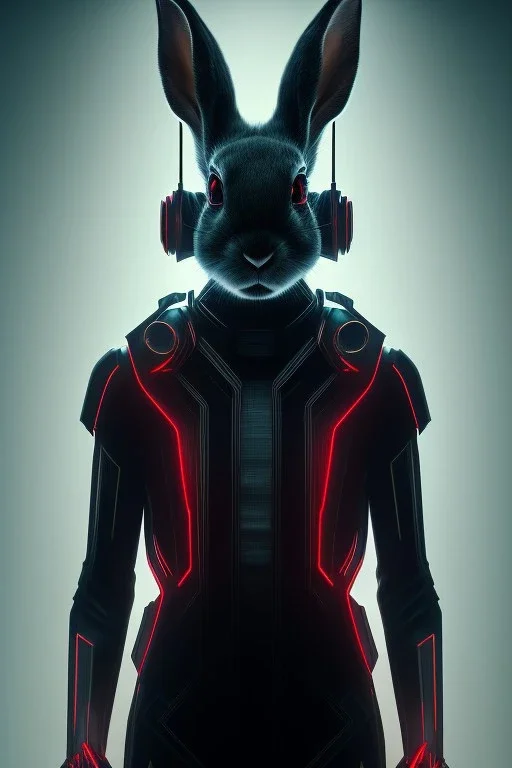 MCU Portrait, Front image, cyberpunk rabbit woman, mask, black red color, latex suit, photo studio, highly detailed, concept art, smooth, unreal engine 5, god rays, ray tracing, RTX, lumen lighting, ultra detail, volumetric lighting, 3d, finely drawn, high definition, high resolution.