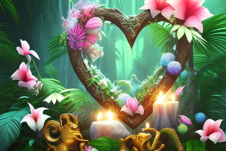 Tropical flowers, realistic heart drawing, crystals, tropical leaves, sacred altar, Fantasy home, cute animal.