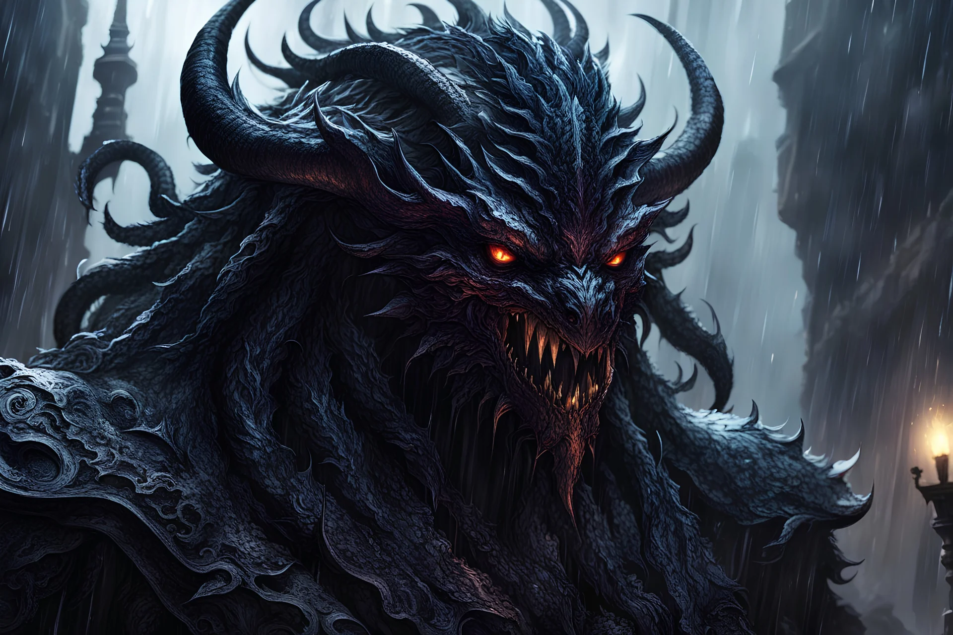 A demon mixed with a lovecraftian abomination in 8k solo leveling shadow artstyle, machine them, close picture, rain, intricate details, highly detailed, high details, detailed portrait, masterpiece,ultra detailed, ultra quality