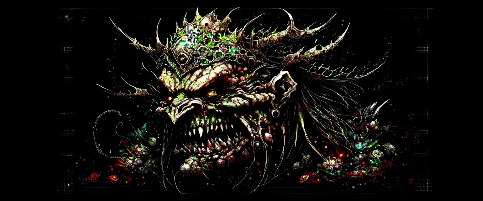 {Greedy} {Greediest} {Gluttony} {Beelzebub lord of flies}{Carrion} {“chaos and salvation!!} - {“Diabolos, Sealed God of Madness!!} -{realism} - {photographic} - [LOGO] chaotic being, detailed, unique, and immersive style!! imaginative idealization {“Devourer of worlds!!} : :-1