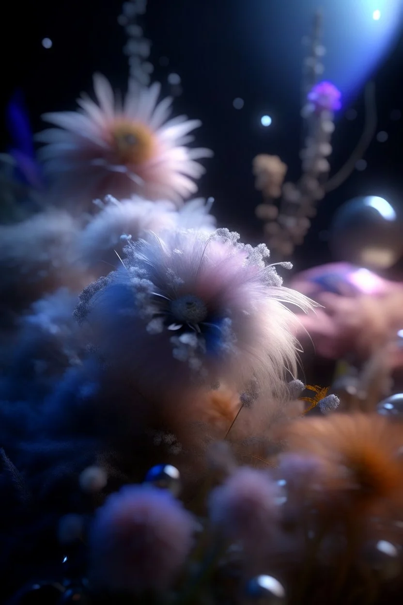 61. dry pastel, floral fantasy, flowers, down, fur, silk threads, fog, haze, lunar octane render, high octane, silvery bokeh, sparkles, stars, color correction, crumpled, scuffed, 256k