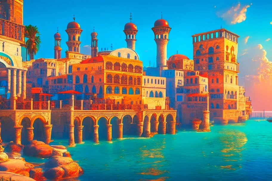 image taken of jaffa, by the sea shore, old stunning buildings, 4k, masterpice, award wining picture, in style of city of numemor from lord of the rigs