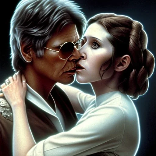 carrie fisher kissing harrison ford, pale skin, waist up portrait, intricate, oil on canvas, masterpiece, expert, insanely detailed, 4k resolution, retroanime style, circular reflective eyes, cinematic smooth, intricate detail , soft smooth lighting, soft pastel colors, painted Renaissance style