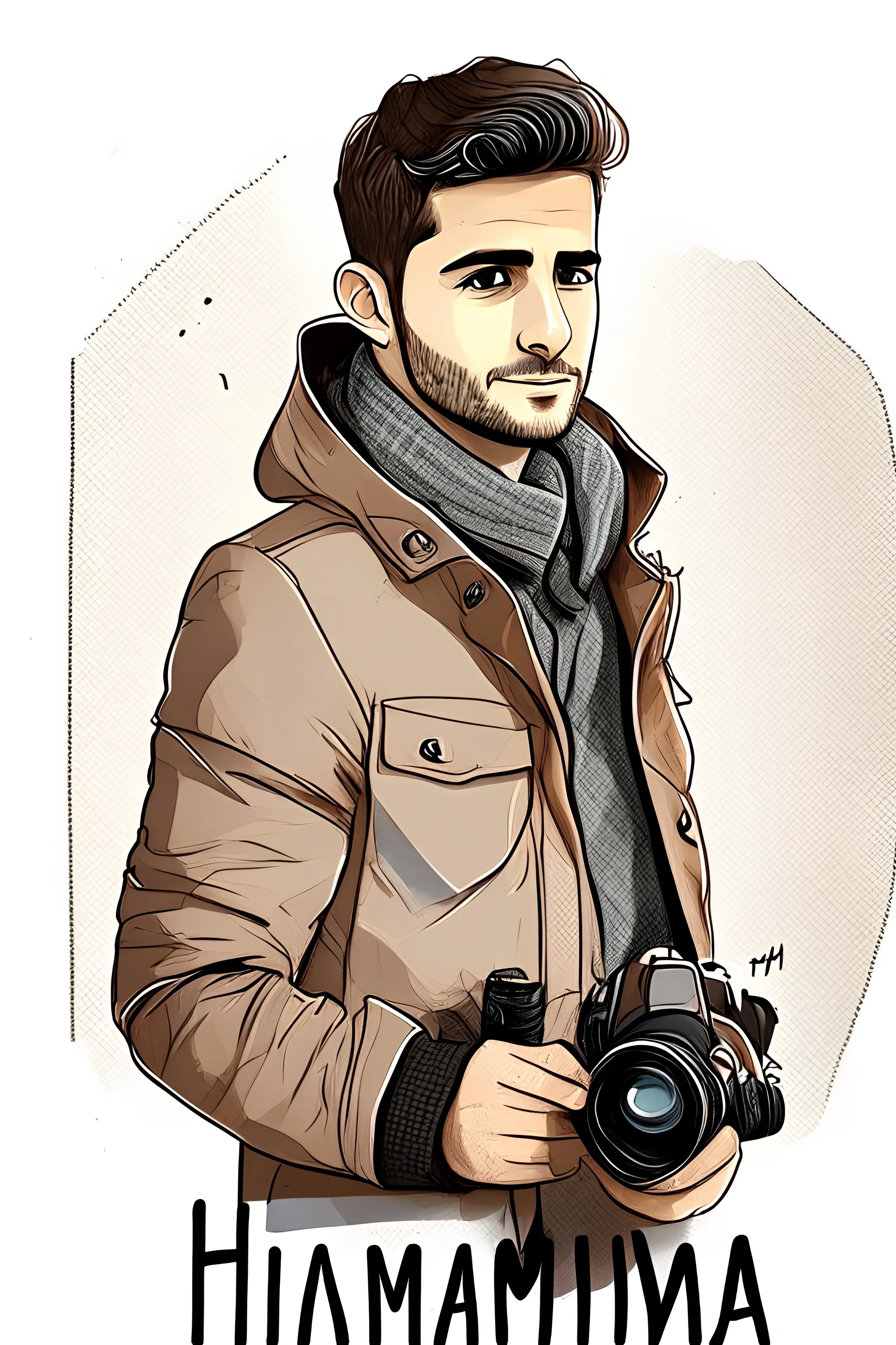 Illustration, young, handsome, journalist, wearing a press jacket, holding a camera, write the name Hammam Write the name of Hima