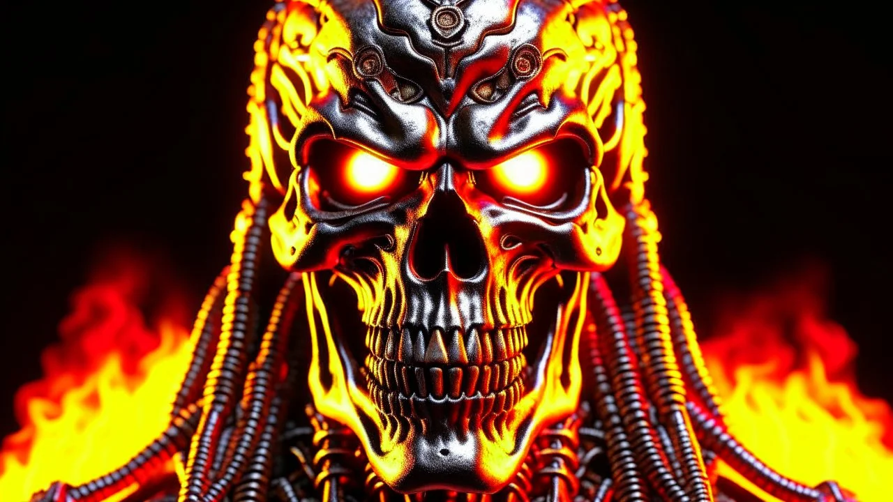 4K, ultra detail, full realism portrait terminator iron maiden logo full face flames in the background