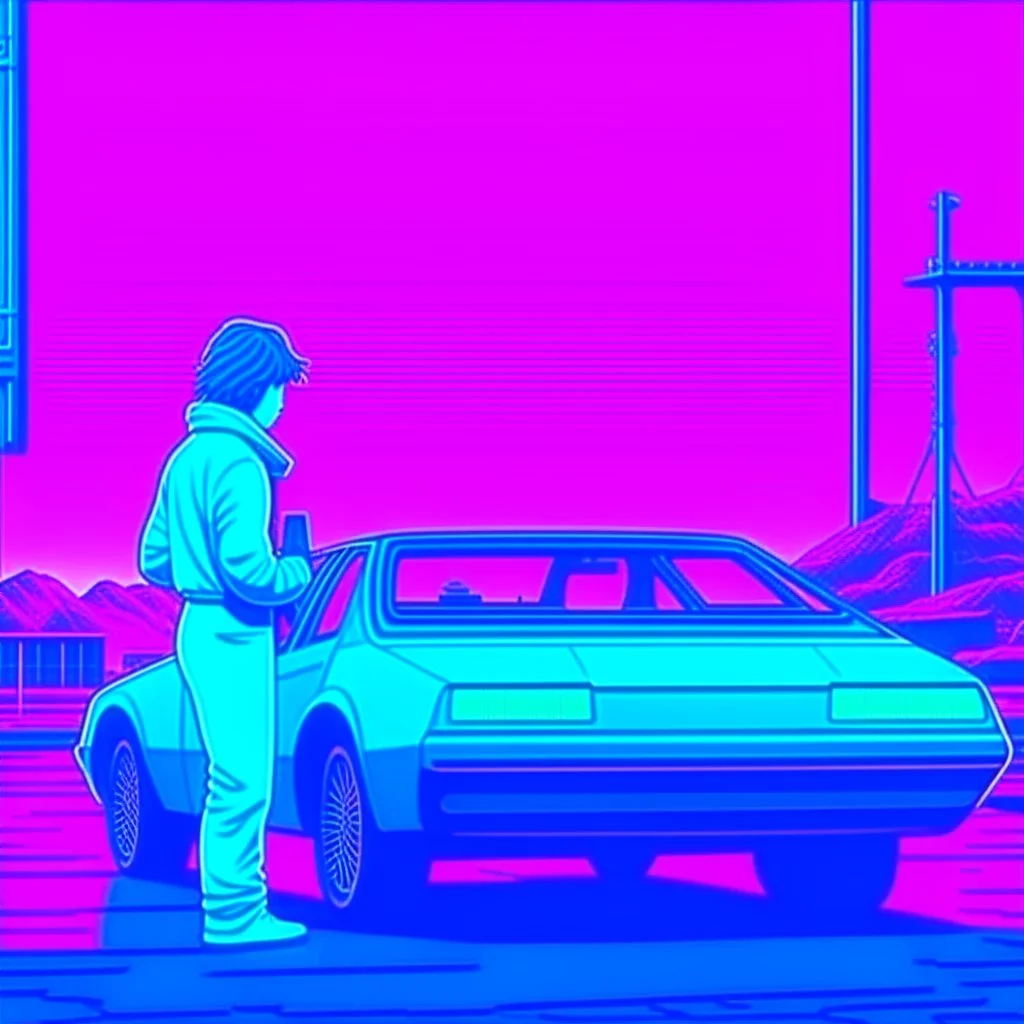 Vaporwave sci-fi scene car engineer