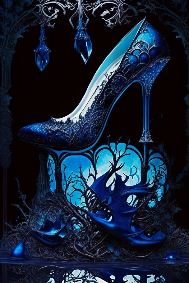 dark fantasy, intricate cover, a whimsical fairytale, high-heeled shoe made of blue glass with a pool of blood underneath