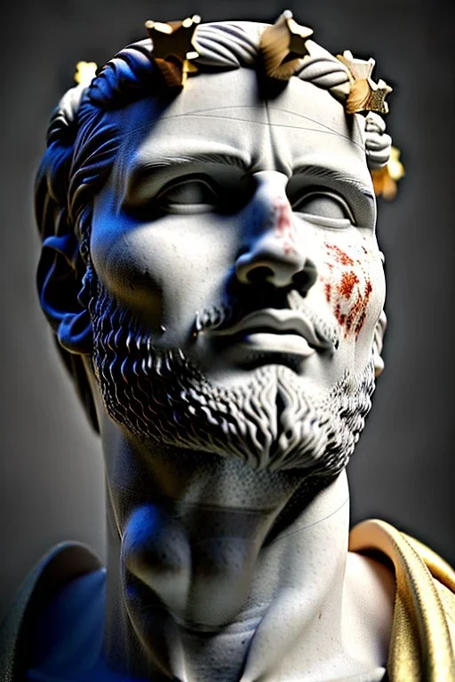 Ultra Realistic image, Roman sculpture, white marble material, Lionel Messi, gold crown of natural thorns, god crown, Renaissance style, sun rays background, waist up portrait, epic, celestial, cinematic lighting, God lights, 4k resolution, smooth details, soft lighting, unreal engine 5, art station, substance 3d.