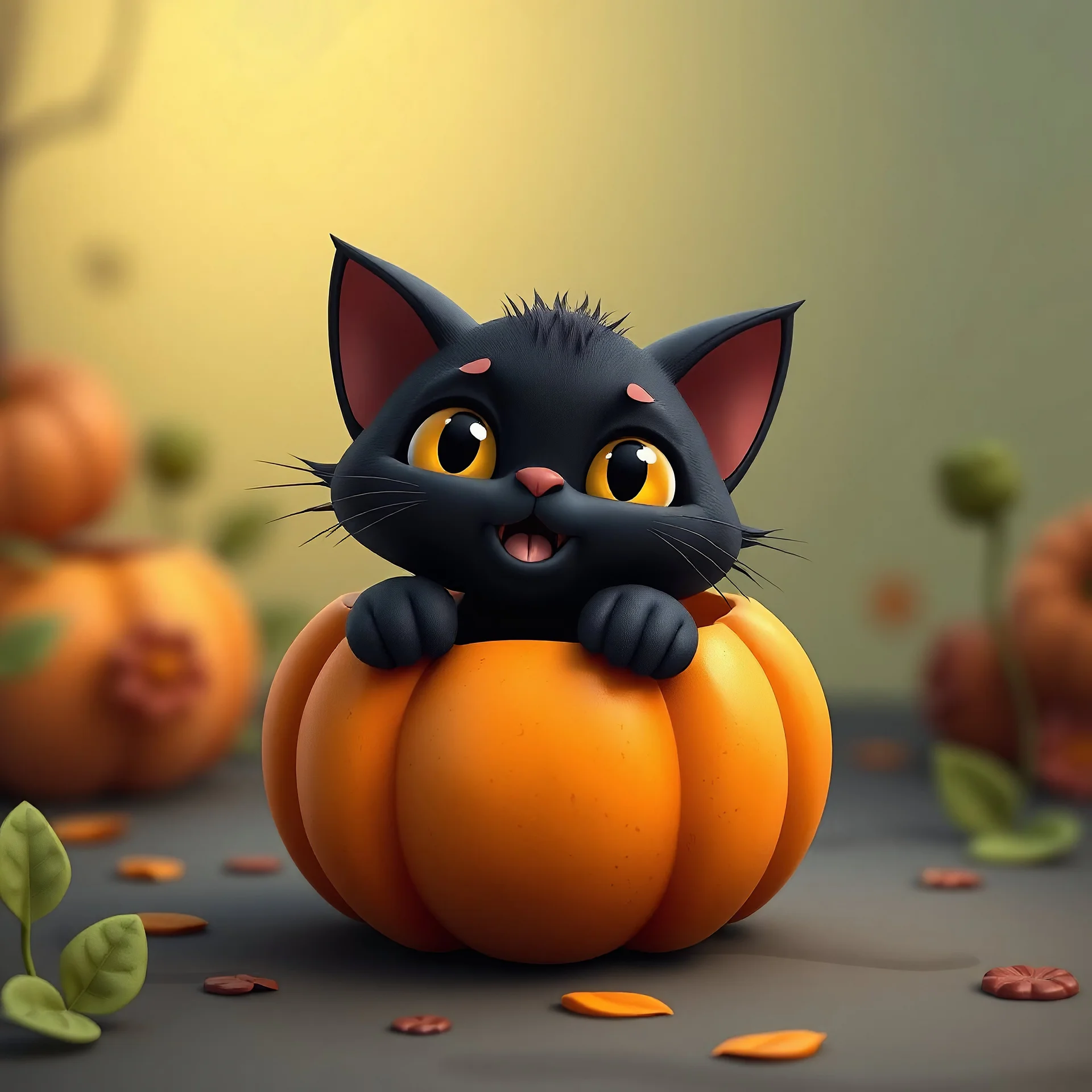 cute black Cat in a pumpkin 3D disney style