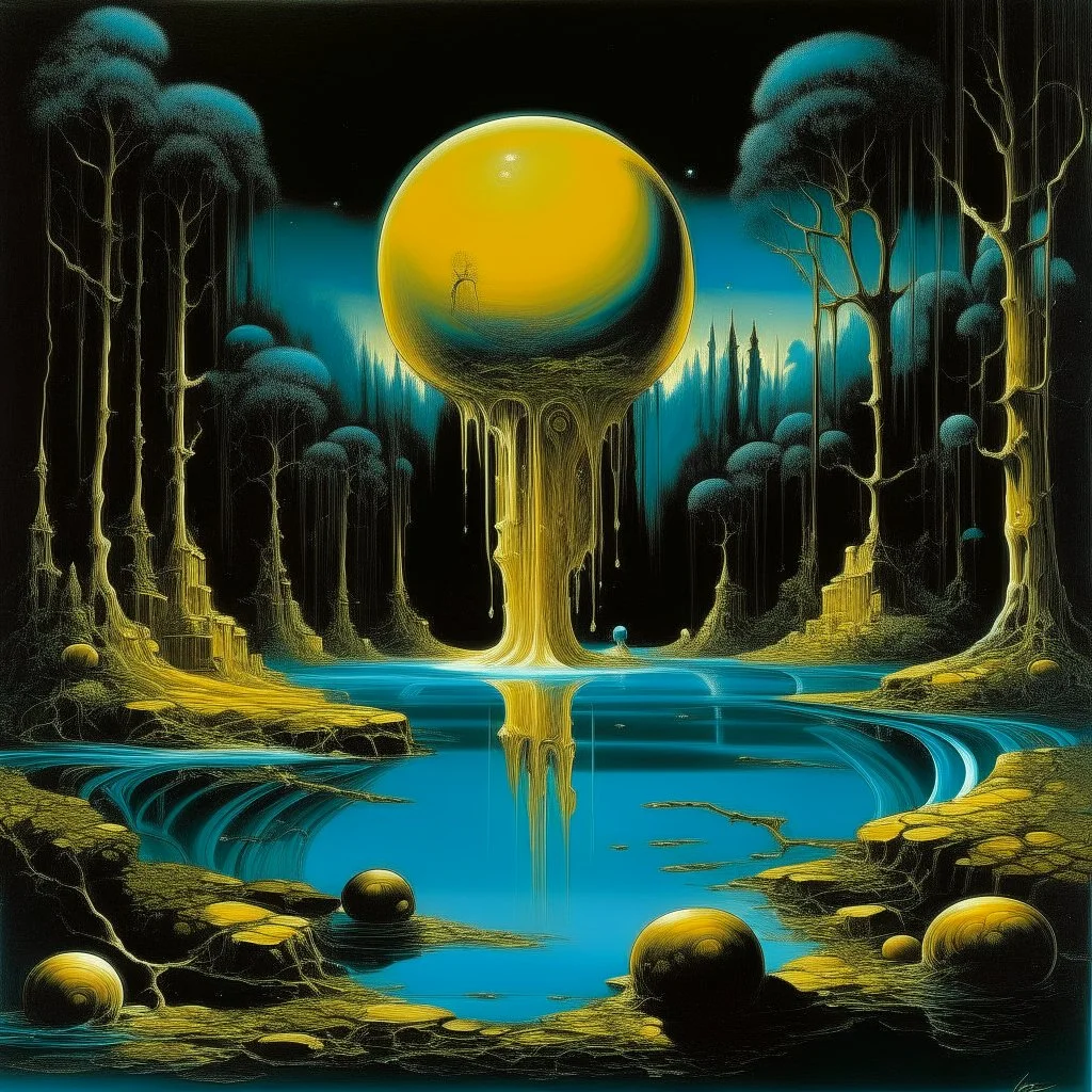 fat golden moon draining into a golden waterfall forming a golden reflecting pond, in a dark cyan forest, neo surrealism, by Salvador Dali.